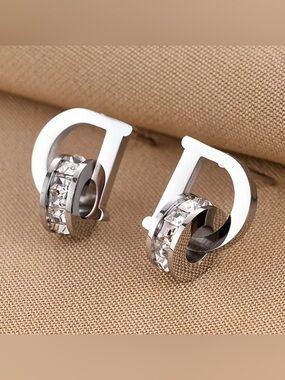Silver Tone D Initial Crystal Hoop Stud Earrings Fashion Jewelry